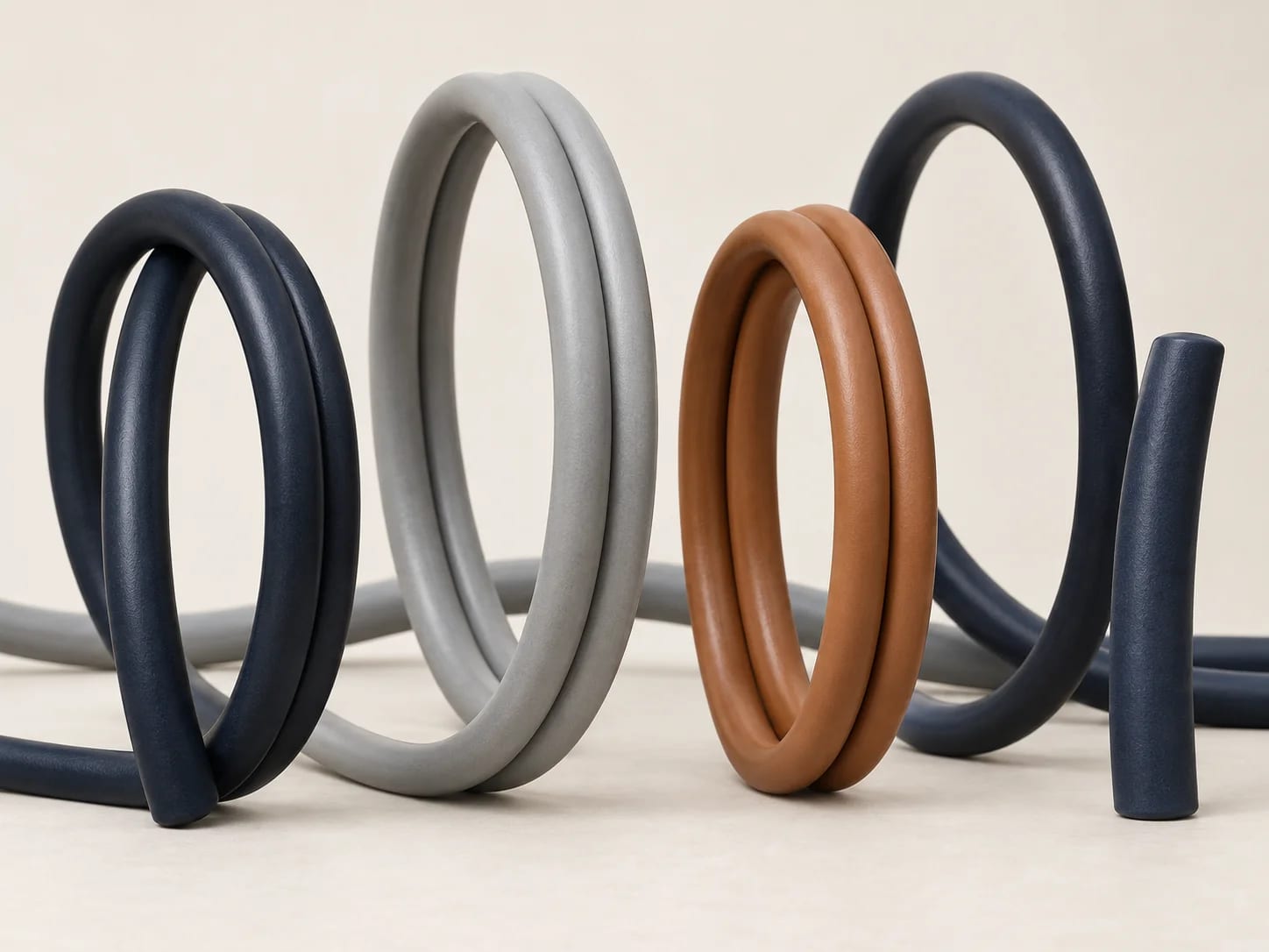 Looped lengths of jacketed cable standing on a plain ground