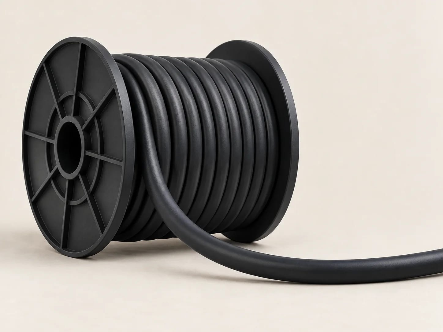 A reel of heavy jacketed cable on a plain ground
